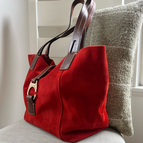 Dooney & Bourke Red Suede Tote with Leather Trim | Statement Lock Bag - Picture 3 of 11
